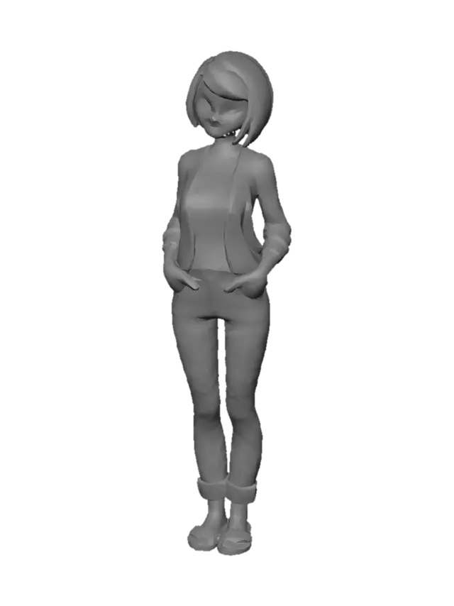 3D model for Stylized low-poly female character, clean readable silhouette, short asymmetrical blonde bob haircut, large expressive eyes, slightly raised eyebrow, confident smirking expression, one hand on hip, casual suburban fashion. Pink cardigan, white shirt, rolled blue jeans, simple sandals. Large head, medium body proportions, animation-friendly design, clean topology, game-ready mesh, optimized polygon count, smooth edge flow, separate hair mesh, PBR materials, detailed facial features, symmetrical T-pose, front-facing, neutral expression base, mobile game quality, modern stylized 3D character, high-quality topology, no accessories, no text, white background.