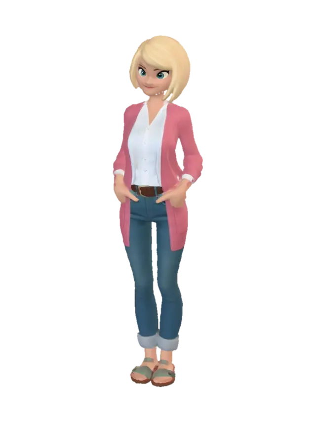 3D model for Stylized low-poly female character, clean readable silhouette, short asymmetrical blonde bob haircut, large expressive eyes, slightly raised eyebrow, confident smirking expression, one hand on hip, casual suburban fashion. Pink cardigan, white shirt, rolled blue jeans, simple sandals. Large head, medium body proportions, animation-friendly design, clean topology, game-ready mesh, optimized polygon count, smooth edge flow, separate hair mesh, PBR materials, detailed facial features, symmetrical T-pose, front-facing, neutral expression base, mobile game quality, modern stylized 3D character, high-quality topology, no accessories, no text, white background.