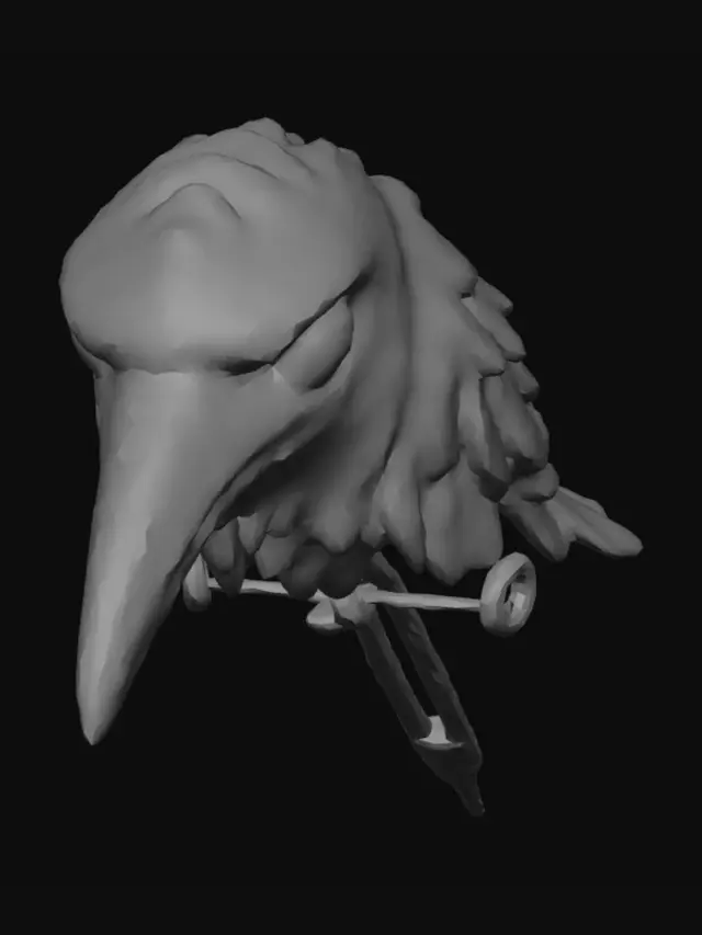3D model for Design an elegant raven-inspired hair pin, 165mm long, forged in oxidized silver and gunmetal with subtle blue-black iridescence. The piece seamlessly combines a highly detailed raven and feather into a single functional object. A sculpted raven head forms the crown, featuring layered plumage, a polished black onyx eye, and intricate Celtic filigree flowing into the quill. The body transitions into a realistic raven feather with deep engraved barbs, asymmetrical texture, and natural curvature. The shaft tapers into a sturdy hairpin point with ornate knotwork detailing. Gothic fantasy aesthetic, heirloom-quality craftsmanship, dark academia, Norse mythology influences, museum-grade jewelry design, ultra-fine engraving, realistic metal textures, dramatic studio lighting, photorealistic, luxu
