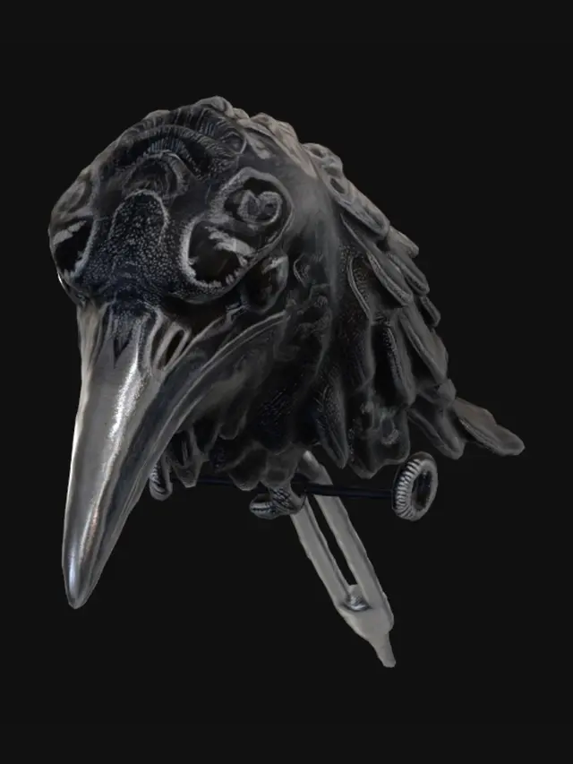 3D model for Design an elegant raven-inspired hair pin, 165mm long, forged in oxidized silver and gunmetal with subtle blue-black iridescence. The piece seamlessly combines a highly detailed raven and feather into a single functional object. A sculpted raven head forms the crown, featuring layered plumage, a polished black onyx eye, and intricate Celtic filigree flowing into the quill. The body transitions into a realistic raven feather with deep engraved barbs, asymmetrical texture, and natural curvature. The shaft tapers into a sturdy hairpin point with ornate knotwork detailing. Gothic fantasy aesthetic, heirloom-quality craftsmanship, dark academia, Norse mythology influences, museum-grade jewelry design, ultra-fine engraving, realistic metal textures, dramatic studio lighting, photorealistic, luxu