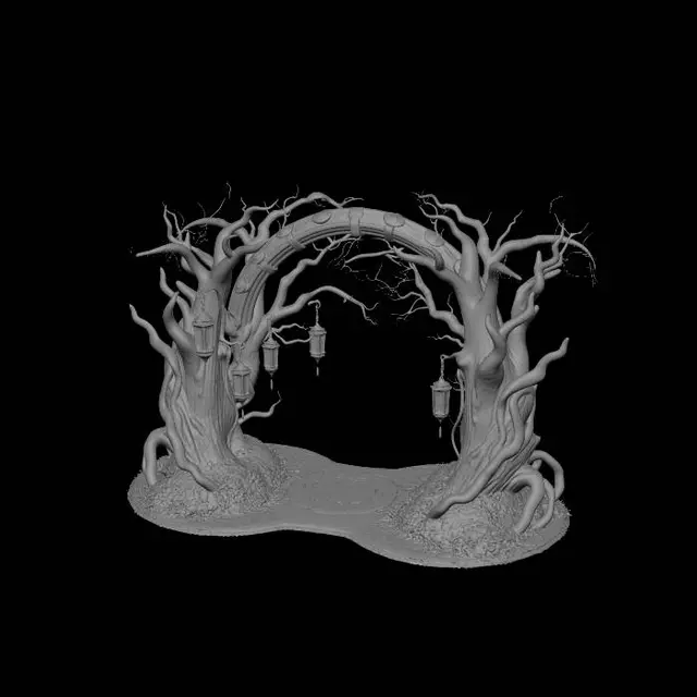 3D model for moonlit fantasy forest arch with glowing runes and hanging lanterns