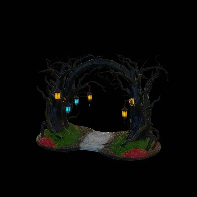 3D model for moonlit fantasy forest arch with glowing runes and hanging lanterns