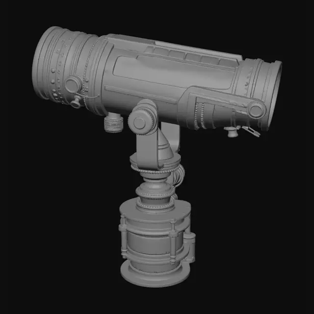 3D model for Large antique observatory telescope inside a ruined observatory dome, broken glass ceiling above, moonlight beams, old mechanical gears and brass details, abandoned astronomy station, realistic sci fi gothic style, detailed 3D model, clean geometry, cinematic lighting