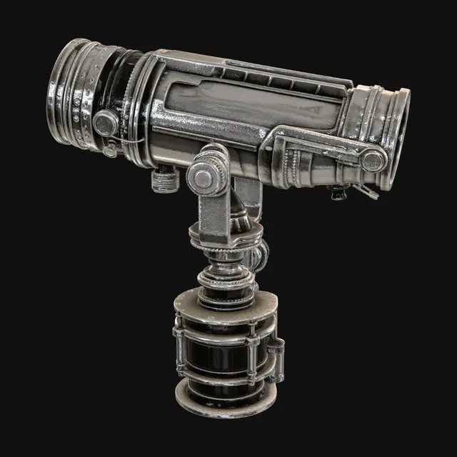 3D model for Large antique observatory telescope inside a ruined observatory dome, broken glass ceiling above, moonlight beams, old mechanical gears and brass details, abandoned astronomy station, realistic sci fi gothic style, detailed 3D model, clean geometry, cinematic lighting
