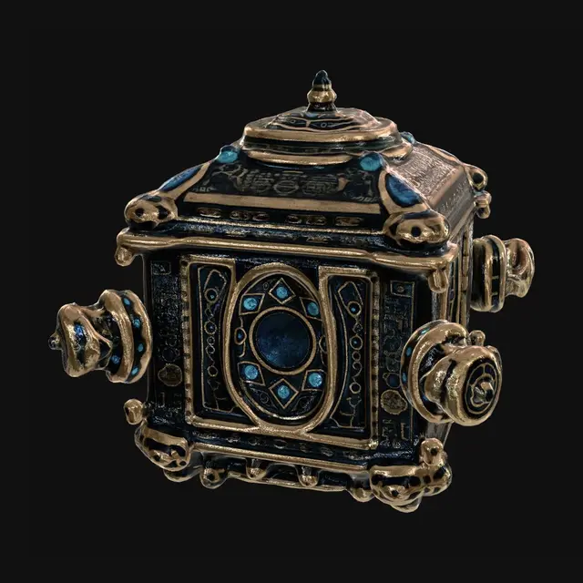3D model for Ancient Tidal Oracle Device, ornate cubic relic artifact forged from aged bronze and obsidian, symmetrical fantasy design, large glowing blue sapphire crystals embedded on each face, engraved lunar and oceanic runes, celestial compass emblem on top surface, intricate layered metal framework, beveled edges, arcane mechanical details, magical oceanic technology, glowing blue energy conduits, decorative gothic fantasy craftsmanship, high detail hard surface modeling, game-ready fantasy prop, clean silhouette, centered object, realistic metallic materials, mystical ancient machine, stylized Unreal Engine fantasy aesthetic, ultra detailed 3D artifact model