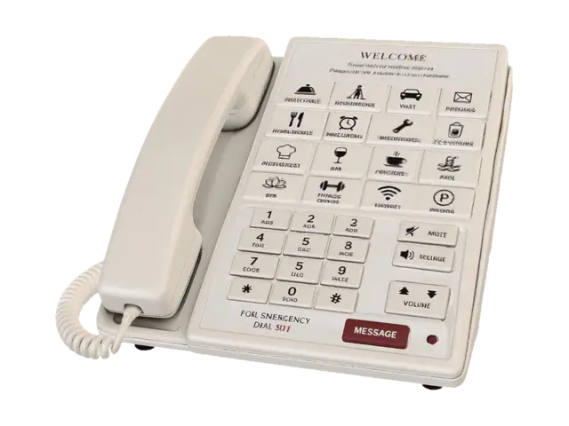 Beige hotel room telephone with service buttons 3D model, vytvořený pomocí AI