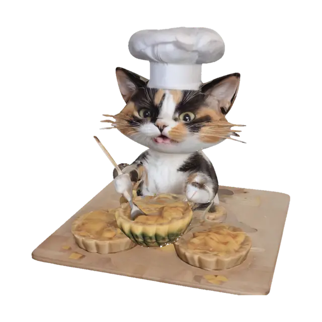Cute calico cat wearing a chef hat white holding spatula and making pineapple tart 3D model, vytvořený pomocí AI