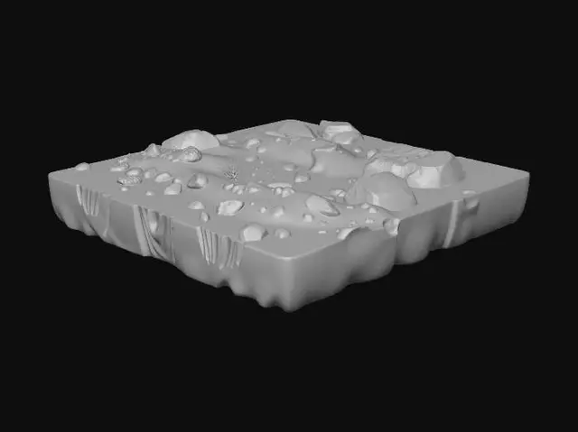 3D model for A modular underwater seabed terrain chunk, realistic ocean floor section, game-ready 3D asset, natural rocky and sandy underwater ground, scattered stones, coral remnants, small sea plants, subtle elevation variation, irregular surface, detailed textures, realistic marine erosion, tileable edges, seamless connection on all sides, designed for duplication and environment building, can be rotated and scaled naturally, medium poly, clean topology, PBR textures, realistic underwater style, no large central object, no fish, no treasure, no man-made objects, isolated asset