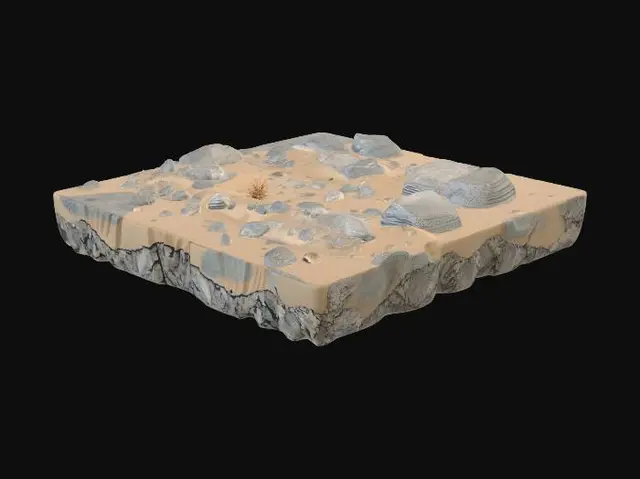 3D model for A modular underwater seabed terrain chunk, realistic ocean floor section, game-ready 3D asset, natural rocky and sandy underwater ground, scattered stones, coral remnants, small sea plants, subtle elevation variation, irregular surface, detailed textures, realistic marine erosion, tileable edges, seamless connection on all sides, designed for duplication and environment building, can be rotated and scaled naturally, medium poly, clean topology, PBR textures, realistic underwater style, no large central object, no fish, no treasure, no man-made objects, isolated asset