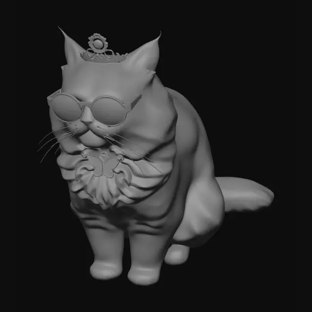 3D model for Fluffy cat wearing a silver butterfly charm on a collar and wearing a princess tiara. She is wearing round sunglasses with a gem in the center of of the sunglass nose bridge. She is from Dungeon Crawler Carl book series and is named Princess Donut.