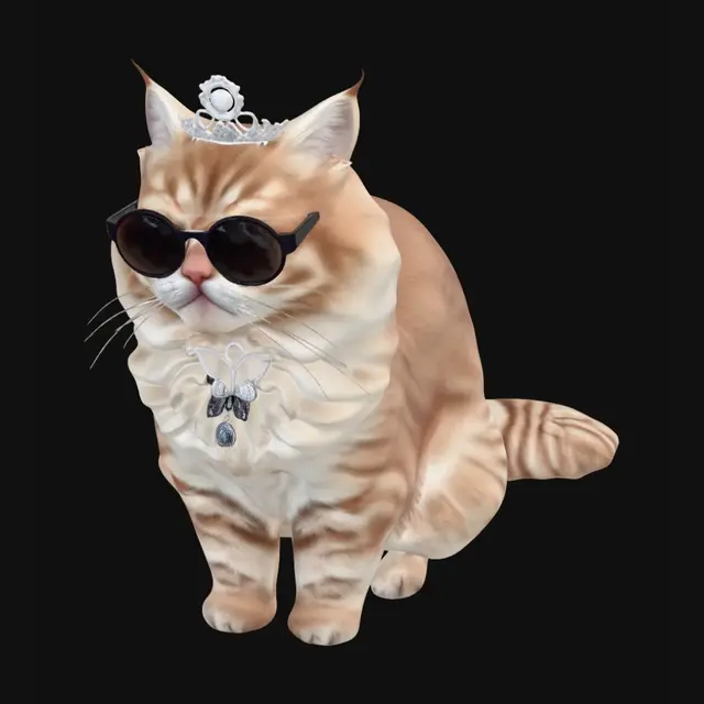 3D model for Fluffy cat wearing a silver butterfly charm on a collar and wearing a princess tiara. She is wearing round sunglasses with a gem in the center of of the sunglass nose bridge. She is from Dungeon Crawler Carl book series and is named Princess Donut.