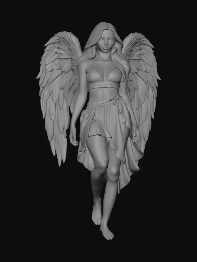 3D model for A black female angel character, standing in A-pose, wearing a black flowing ethereal miniskirt, with large feathered wings, long wavy hair, and a serene expression. Highly detailed, photorealistic, fantasy art style, golden accents, soft lighting. Ensure anatomical correctness, avoid extra limbs or deformities.