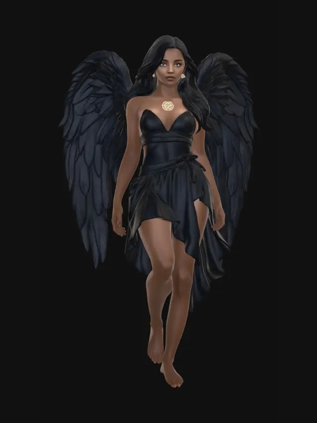 3D model for A black female angel character, standing in A-pose, wearing a black flowing ethereal miniskirt, with large feathered wings, long wavy hair, and a serene expression. Highly detailed, photorealistic, fantasy art style, golden accents, soft lighting. Ensure anatomical correctness, avoid extra limbs or deformities.