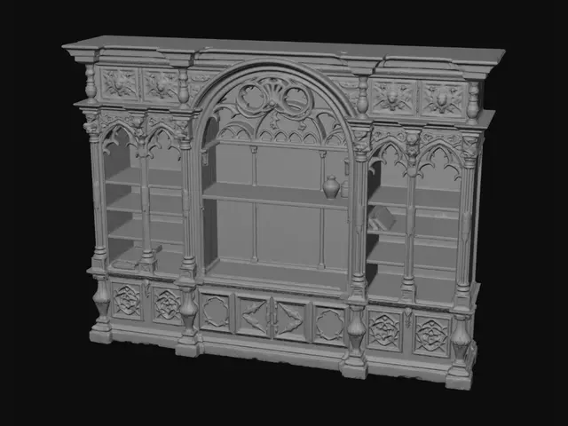 3D model for Large ornate gothic Victorian bookshelf unit designed to frame a window, two tall vertical bookcase columns on left and right sides connected by a horizontal shelf section across the top, center completely open and empty to fit a window, forming a rectangular frame around an empty central opening, dark mahogany wood, decorative carved gothic details on the frame, intricate wood engravings and moldings, multiple shelves on each side column and on the top horizontal section, aged dark wood texture, standalone furniture piece, no books, photorealistic PBR textures