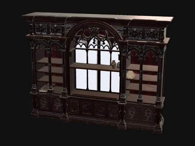 3D model for Large ornate gothic Victorian bookshelf unit designed to frame a window, two tall vertical bookcase columns on left and right sides connected by a horizontal shelf section across the top, center completely open and empty to fit a window, forming a rectangular frame around an empty central opening, dark mahogany wood, decorative carved gothic details on the frame, intricate wood engravings and moldings, multiple shelves on each side column and on the top horizontal section, aged dark wood texture, standalone furniture piece, no books, photorealistic PBR textures