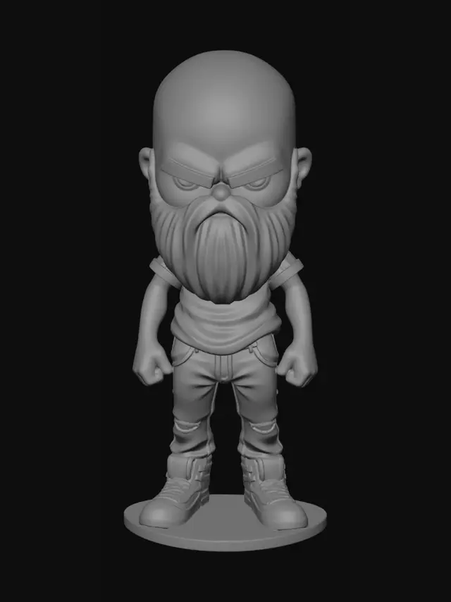 3D model for Сдедай фигурку бородатого мужчины в чиби стиле для 3д печати, с минимальным количеством поддержек, голова лысая одет в джинсы и футболку, и полуботинки. Лицо угрюмое