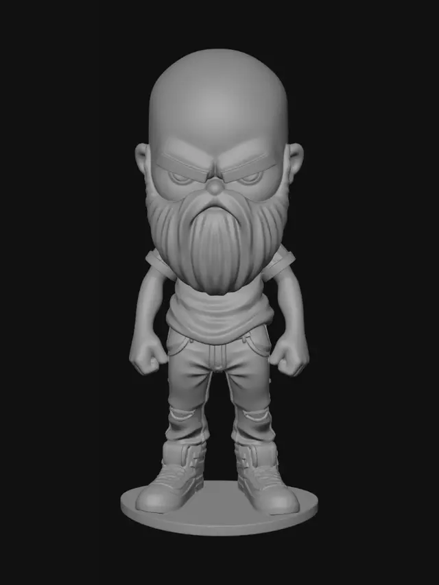 3D model for Сдедай фигурку бородатого мужчины в чиби стиле для 3д печати, с минимальным количеством поддержек, голова лысая одет в джинсы и футболку, и полуботинки. Лицо угрюмое