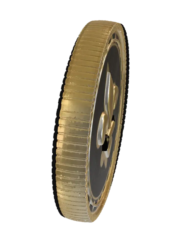 3D model for A 3D model of a stylized low-poly gold coin for a mobile endless runner game. Subway Surfers art style. Thick, chunky, and perfectly round. The color is a vibrant 'Croissant Gold' yellow. Engraved in the center is a subtle Paris Fleur-de-lis symbol or a neat star. Hand-painted texture style with baked-in shiny highlights and edge wear so it looks metallic and glowing without needing complex lighting. High quality mobile asset.
