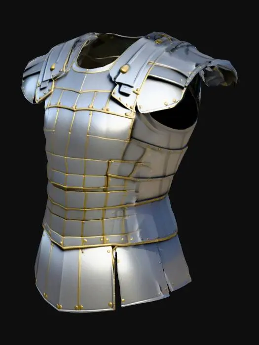 3D model for  low-poly Roman lorica segmentata chest armor, blocky simplified design, with horizontal metal bands (5–7 segments), vertical straps connecting the bands, central ridge line, symmetrical structure, no textures, steel gray color (#808080) with dark gray edges (#4B4B4B), clean geometry, no overlapping parts, optimized for 3D animation, under 1.2k polygons, game-ready model, rectangular torso shape with slight curve, suitable for humanoid character torso, T-pose compatible, minimal historical details, matte finish."