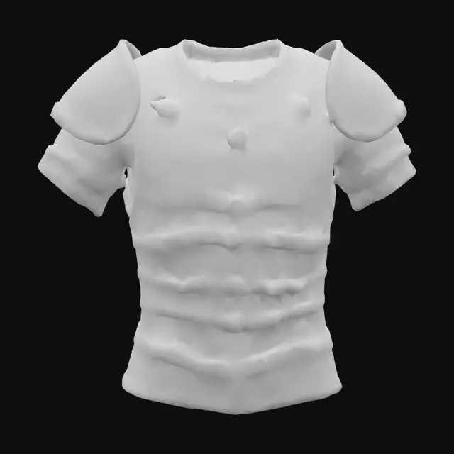 3D model for low-poly Roman lorica segmentata chest armor, blocky simplified design, with horizontal metal bands (5–7 segments), vertical straps connecting the bands, central ridge line, symmetrical structure, no textures, steel gray color (#808080) with dark gray edges (#4B4B4B), clean geometry, no overlapping parts, optimized for 3D animation, under 1.2k polygons, game-ready model, rectangular torso shape with slight curve, suitable for humanoid character torso, T-pose compatible, minimal historical details, matte finish."