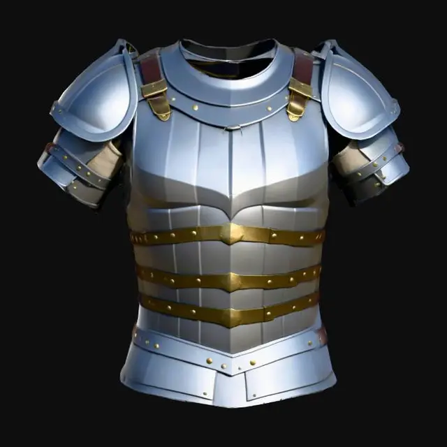 3D model for low-poly Roman lorica segmentata chest armor, blocky simplified design, with horizontal metal bands (5–7 segments), vertical straps connecting the bands, central ridge line, symmetrical structure, no textures, steel gray color (#808080) with dark gray edges (#4B4B4B), clean geometry, no overlapping parts, optimized for 3D animation, under 1.2k polygons, game-ready model, rectangular torso shape with slight curve, suitable for humanoid character torso, T-pose compatible, minimal historical details, matte finish."