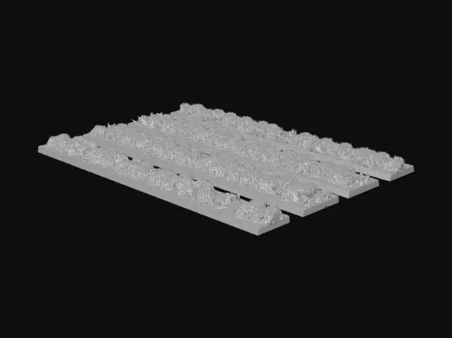 3D model for > Create a clean, realistic 3D model of several long, narrow agricultural field strips placed side by side. Each strip should be 20 meters long and 2 meters wide, with a soil base 0.25 m thick. Use separate meshes for each strip.
>
> Add different grain crops on each strip: rye, barley, wheat, oats, spelt, and triticale. Represent crops as simplified geometry or particle-like vegetation with soft, natural variation, not high-detail plants.
>
> Soil material: dark brown, slightly rough, realistic ground texture.
> Vegetation material: soft, low-contrast colors, natural gradients, no sharp details.
>
> Style: realistic but clean, low-contrast, low poly, soft transitions, similar to aerial agricultural visualization.
>