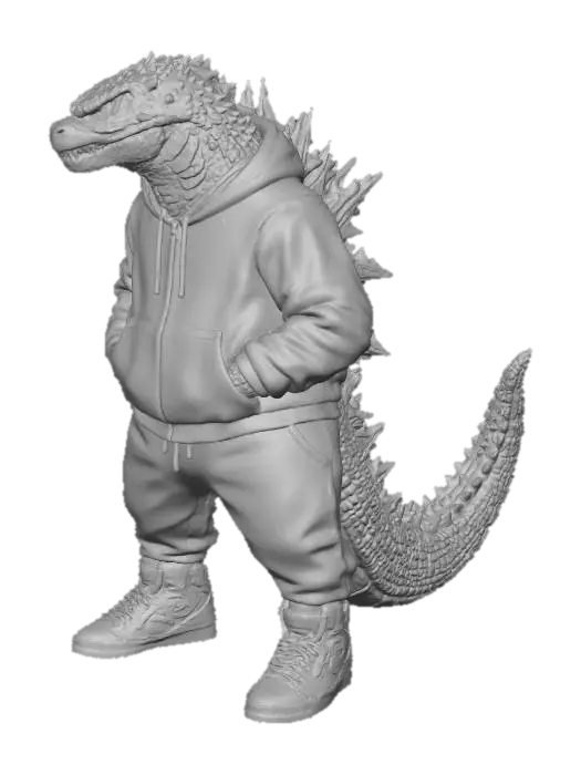3D model for Create an Urban Godzilla in a hoodie and sweat pants with its hands in the hoodie pockets and Jordan’s on his feet modeled like this