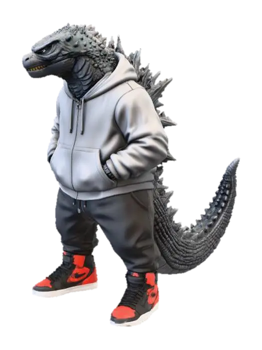 3D model for Create an Urban Godzilla in a hoodie and sweat pants with its hands in the hoodie pockets and Jordan’s on his feet modeled like this