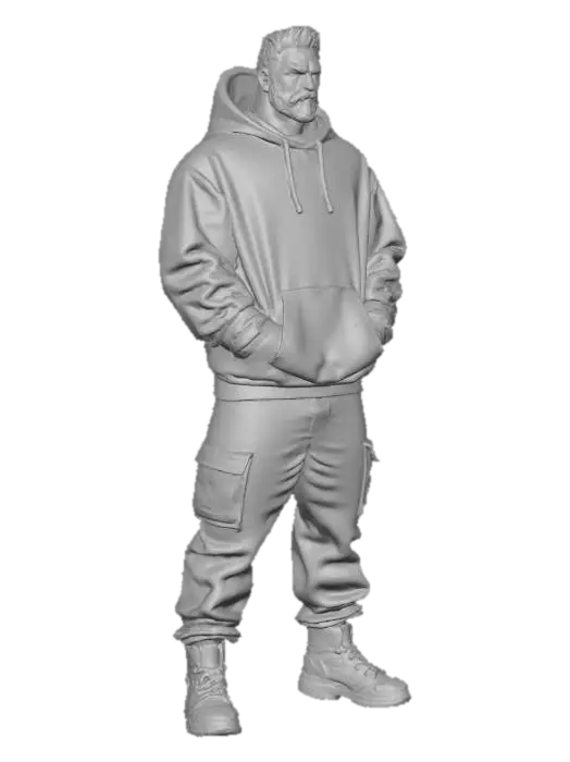 3D model for Create an urban style bodybuilder with his hands in his hoodie pockets. He should have Nike air jordans on his feet