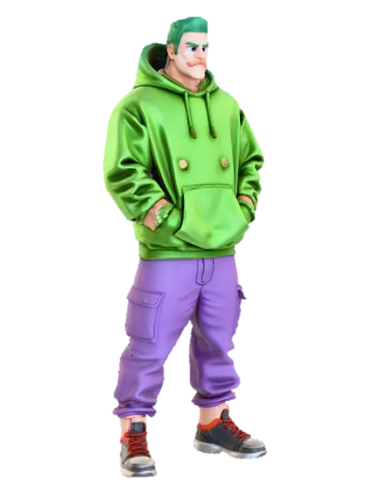 3D model for Create an urban style bodybuilder with his hands in his hoodie pockets. He should have Nike air jordans on his feet