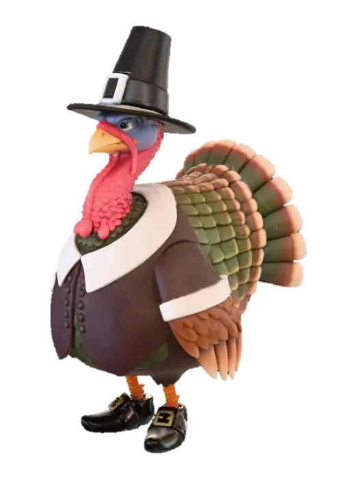 A plump, proud turkey standing upright, adorned in a classic pilgrim's outfit. It… 3D model, vytvořený pomocí AI