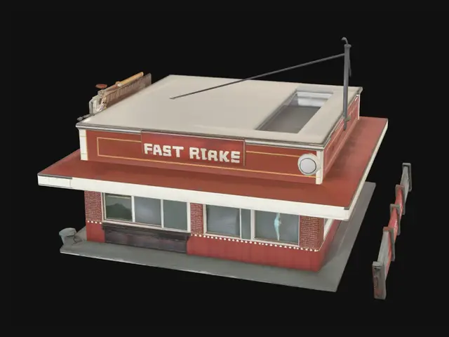 3D model for Low poly abandoned roadside building in a desert.

Post-apocalyptic fast food restaurant.

Small single-story building.

Stylized game asset.

Suitable for a low poly driving game.

Damaged walls.
Broken windows.
Collapsed roof sections.
Rusty metal details.
Sand accumulation around the building.
Partially buried by desert dunes.

Bright readable shapes.
Clean topology.
Game ready.

Triangle count under 5000.

PBR textures included.

Color palette:
sand beige,
faded red,
rust orange,
off-white,
dark brown.

No interior.
No characters.
No vegetation.
No vehicles.

Optimized for Unreal Engine and Godot.