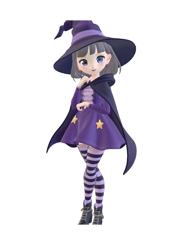 3D model for 3D cute witch anime girl, wearing purple and black shade witch costume, pixar style, full body shot