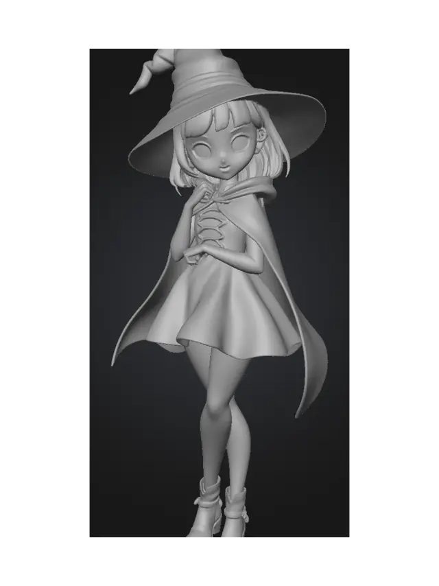 3D model for 3D cute witch anime girl, wearing purple and black shade witch costume, pixar style, full body shot