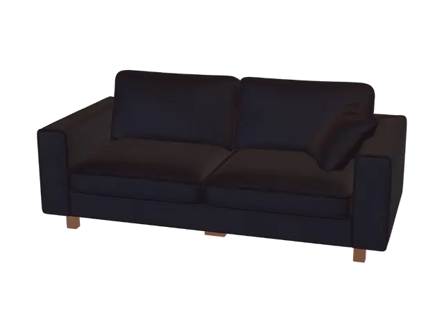 3D model for 1980s Soviet apartment fabric sofa, dark brown woven fabric, boxy design, straight armrests, slightly worn upholstery, wooden legs, authentic USSR furniture, realistic proportions, PS1 survival horror style, low poly, game-ready, UV unwrapped, PBR textures, separate cushions, centered pivot, isolated object, no background