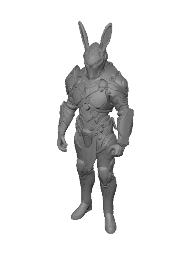 3D model for Erstelle eine von bösen magischen kampfHasen inspirierte moderne Kampfrüstung im mecha Style. Erstelle an den Gelenken Verbinder um die Rüstung zu zerlegen. Männlich. Oberfläche strukturiert und mit Abnutzungs und leichten Kampfspuren. Tragbar für Cosplay. Körpergröße 175cm. Konfektionsgröße 56. Helm für Kopfumfang 59cm. Separat 2 Waffen eine links eine rechts die Zusammengehalten eine Schild Formen. Realistische Optik für alles. Schuhgröße 45.