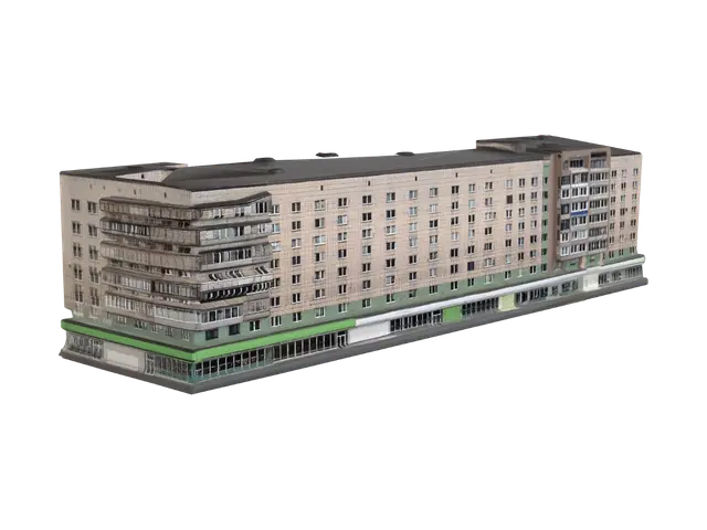 Long apartment block with ground-floor shops - Groundfloor 3D model, vytvořený pomocí AI
