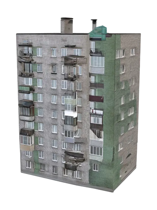 Brick Apartment Building with Balconies - Highrise 3D model, vytvořený pomocí AI