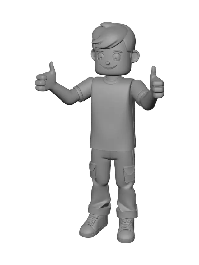 3D model for Create a cute male 3D character in a blocky voxel style, full body, in T-pose. The character should have a friendly face, simple cube-based features, short hair, and a cheerful expression. Wear casual student clothes such as a shirt, pants, and shoes. Use clean geometric shapes, bright colors, and a low-detail game-ready design. The character should look cute, educational, and suitable for a virtual learning space. Isolated character, centered, no background.