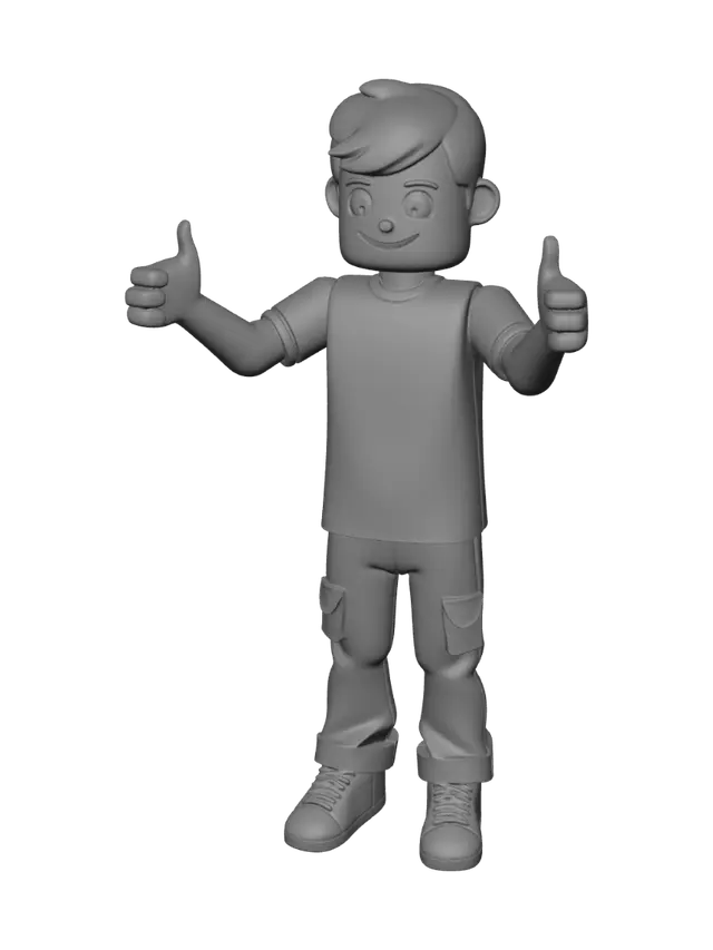 3D model for Create a cute male 3D character in a blocky voxel style, full body, in T-pose. The character should have a friendly face, simple cube-based features, short hair, and a cheerful expression. Wear casual student clothes such as a shirt, pants, and shoes. Use clean geometric shapes, bright colors, and a low-detail game-ready design. The character should look cute, educational, and suitable for a virtual learning space. Isolated character, centered, no background.