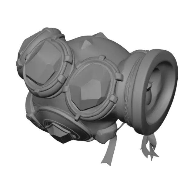3D model for Thunder Paw Rally Gauntlet, a fantasy stadium hype prop for a fictional sports carnival. Oversized wearable paw-shaped clapper glove with brass frame, dark teal enamel armor plates, soft black leather wrist strap, glowing cyan crystal paw pads, small ribbon streamers, tiny bell charms, engraved stars, confetti vents, heroic festive design. Stylized-realistic premium 3D prop, strong readable silhouette, collectible game asset, clean bevels, PBR material look, isolated single object, no characters, no background, no real logos, no text, no FIFA or World Cup branding.