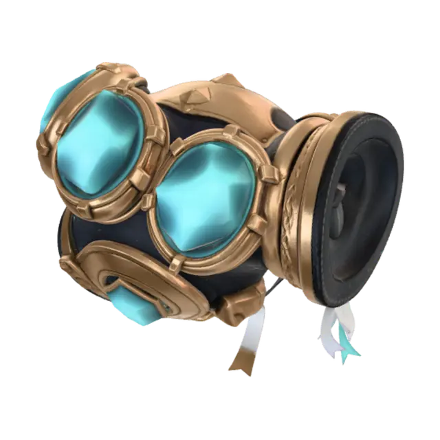 3D model for Thunder Paw Rally Gauntlet, a fantasy stadium hype prop for a fictional sports carnival. Oversized wearable paw-shaped clapper glove with brass frame, dark teal enamel armor plates, soft black leather wrist strap, glowing cyan crystal paw pads, small ribbon streamers, tiny bell charms, engraved stars, confetti vents, heroic festive design. Stylized-realistic premium 3D prop, strong readable silhouette, collectible game asset, clean bevels, PBR material look, isolated single object, no characters, no background, no real logos, no text, no FIFA or World Cup branding.