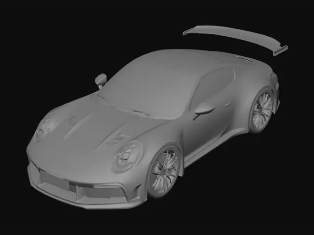 3D model for Ultra-detailed 3D model of a 2025 Porsche 911 992.2 GT3 Touring, accurate proportions, no rear wing, touring rear deck with active spoiler, aggressive front bumper vents, wide rear arches, center-lock wheels, realistic headlights, studio quality, photorealistic, game-ready mesh, high polygon count, clean topology, Oak Green Metallic paint, black wheels, yellow ceramic brake calipers
