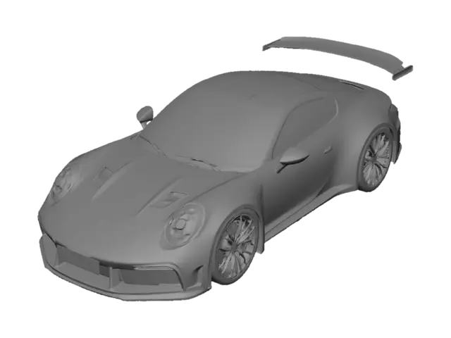 3D model for Ultra-detailed 3D model of a 2025 Porsche 911 992.2 GT3 Touring, accurate proportions, no rear wing, touring rear deck with active spoiler, aggressive front bumper vents, wide rear arches, center-lock wheels, realistic headlights, studio quality, photorealistic, game-ready mesh, high polygon count, clean topology, Oak Green Metallic paint, black wheels, yellow ceramic brake calipers