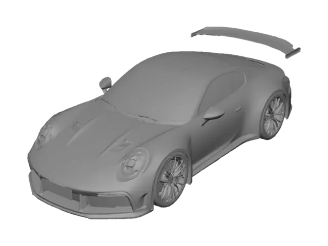 3D model for Ultra-detailed 3D model of a 2025 Porsche 911 992.2 GT3 Touring, accurate proportions, no rear wing, touring rear deck with active spoiler, aggressive front bumper vents, wide rear arches, center-lock wheels, realistic headlights, studio quality, photorealistic, game-ready mesh, high polygon count, clean topology, Oak Green Metallic paint, black wheels, yellow ceramic brake calipers
