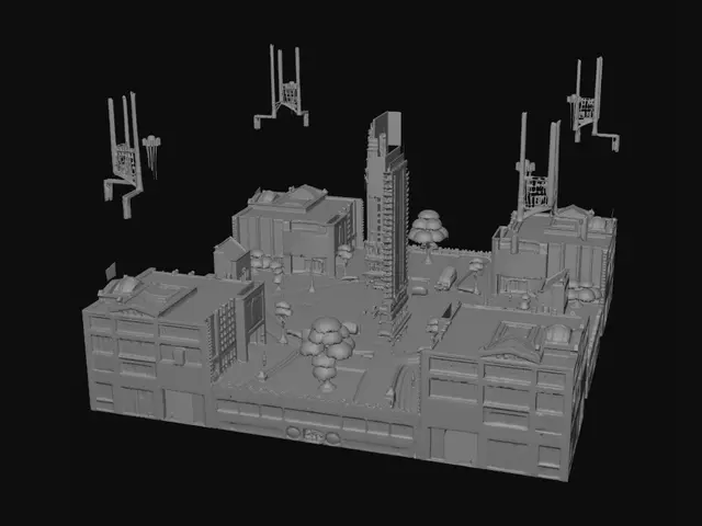 3D model for Make an urban map for a blocky FPS shooter game. The map should have blocky scyscrapers and roads and stationary cars along with poles and other decorations. There should be shops and outlets and a park in the map. The map should be high definition.