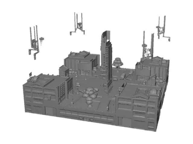 3D model for Make an urban map for a blocky FPS shooter game. The map should have blocky scyscrapers and roads and stationary cars along with poles and other decorations. There should be shops and outlets and a park in the map. The map should be high definition.