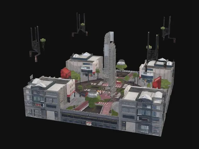 3D model for Make an urban map for a blocky FPS shooter game. The map should have blocky scyscrapers and roads and stationary cars along with poles and other decorations. There should be shops and outlets and a park in the map. The map should be high definition.