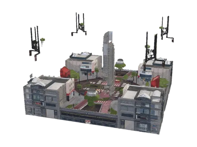 3D model for Make an urban map for a blocky FPS shooter game. The map should have blocky scyscrapers and roads and stationary cars along with poles and other decorations. There should be shops and outlets and a park in the map. The map should be high definition.