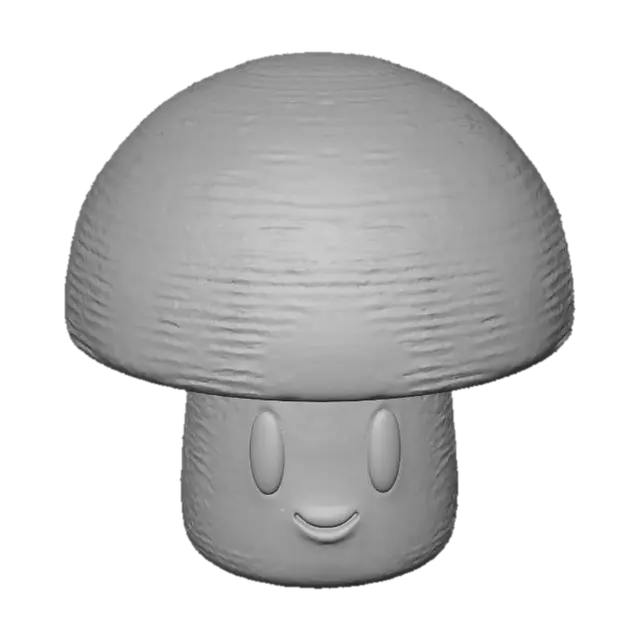 3D model for Yellow mushroom. The cap is round and yellow with scattered orange spots of varying sizes, the texture glossy with a slight sheen. The stem is creamy white, cylindrical, with a soft matte surface. The face on the stem includes two large, round, black eyes with white highlights and a small smile.